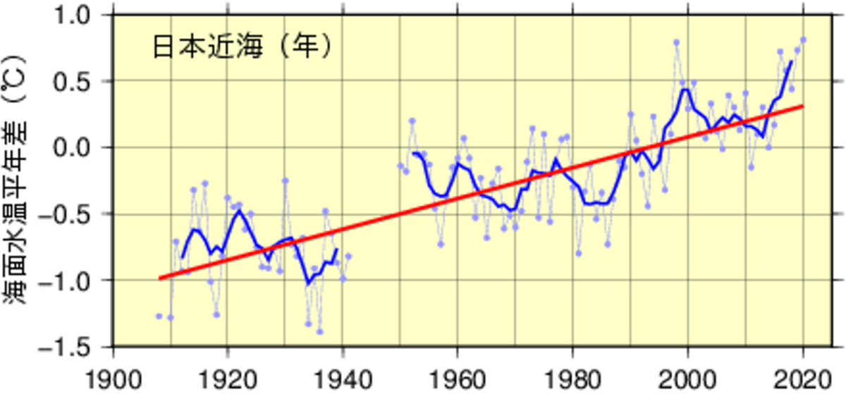 図2：日本近海の年平均海面水温の長期傾向